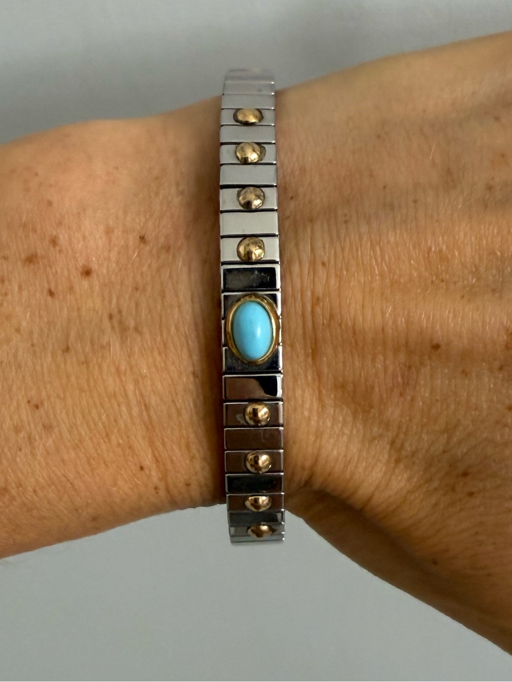 Vintage Sterling Silver Turquoise Two-Tone Stretch Bracelet